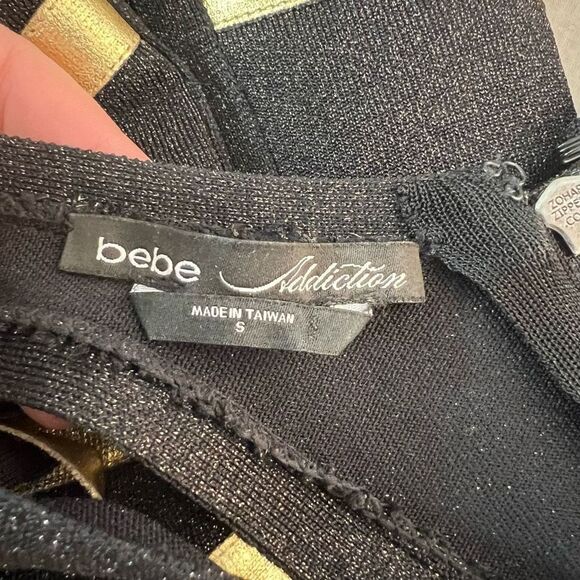 Bebe Addiction Cut Out Gold Metallic Bandage Bodycon Black Mini Dress Size S - Picture 7 of 10